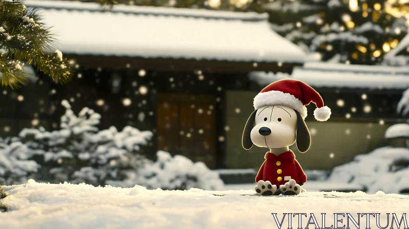 AI ART Adorable Dog in Santa Attire Amidst Snowfall