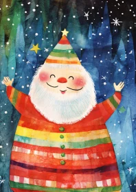 Joyful Santa in Festive Colors Under the Snowy Sky