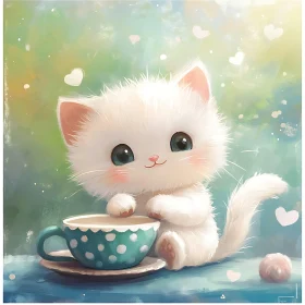 Cute Kitten with Polka-Dotted Teacup