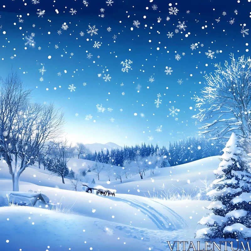 Snowy Landscape with Delicate Snowflakes AI Image