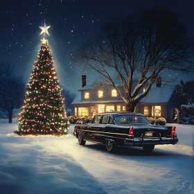 Classic Holiday Scene with Snow and Christmas Lights