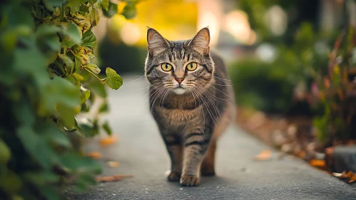 Yellow-Eyed Tabby Cat on a Sunny Walk