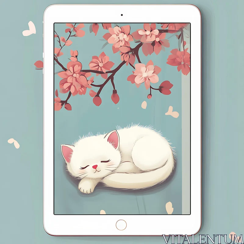 White Cat Sleeping on Tablet with Blossom Background AI Image