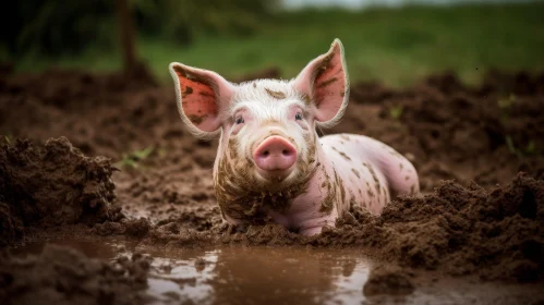 Adorable Pig in Mud Puddle - Nature Scene