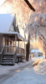 Enchanting Winter Scene: House on Ice-Covered Road and Snow-Covered Trees