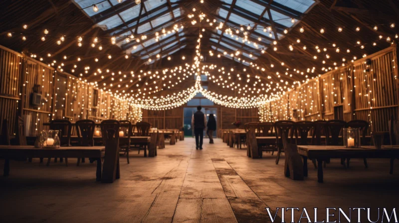 Ethereal Wedding Aisle Decorated with String Lights in a Rustic Barn AI Image