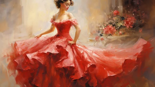 Red Dress Woman Portrait in Room with Roses