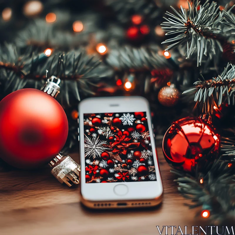 Holiday Smartphone Display with Red Ornaments AI Image