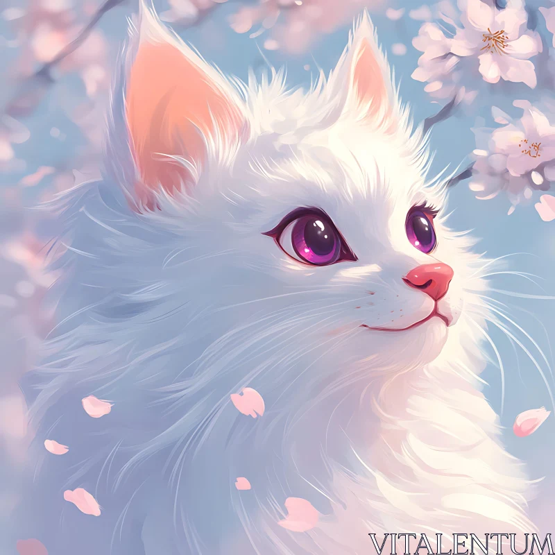 White Cat with Cherry Blossoms AI Image