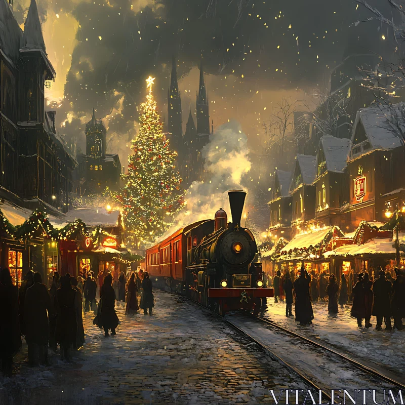 AI ART Holiday Celebration in a Snowy Town Square with Christmas Train