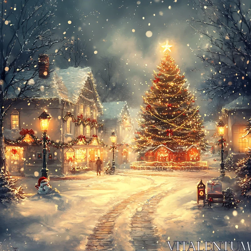 Snowy Christmas Village with Lights AI Image