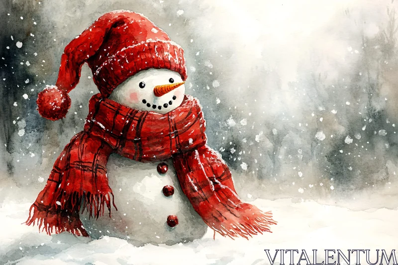 Snowman with Red Accessories in Snowy Setting AI Image