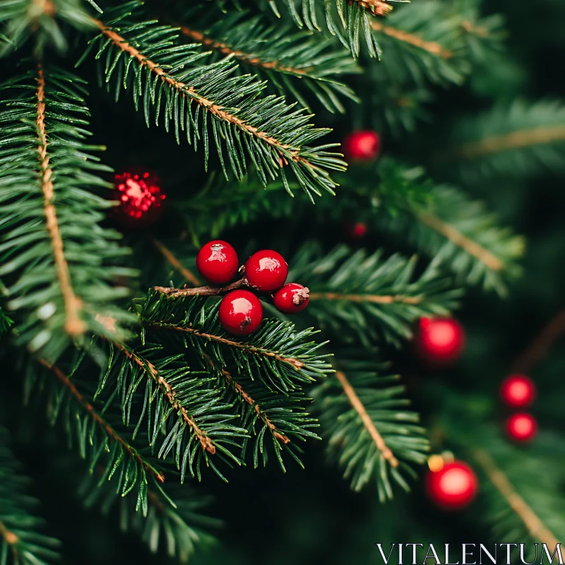 Pine Branches with Red Berries Close-Up AI Image