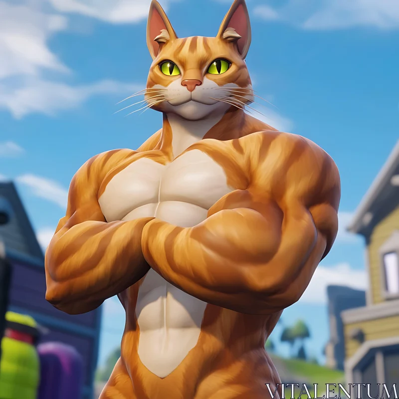 Strong Cartoon Cat with Orange and White Fur AI Image