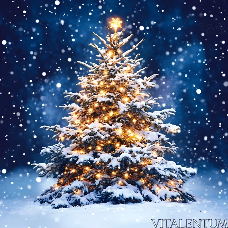 Snow-Covered Christmas Tree with Festive Lights AI Image