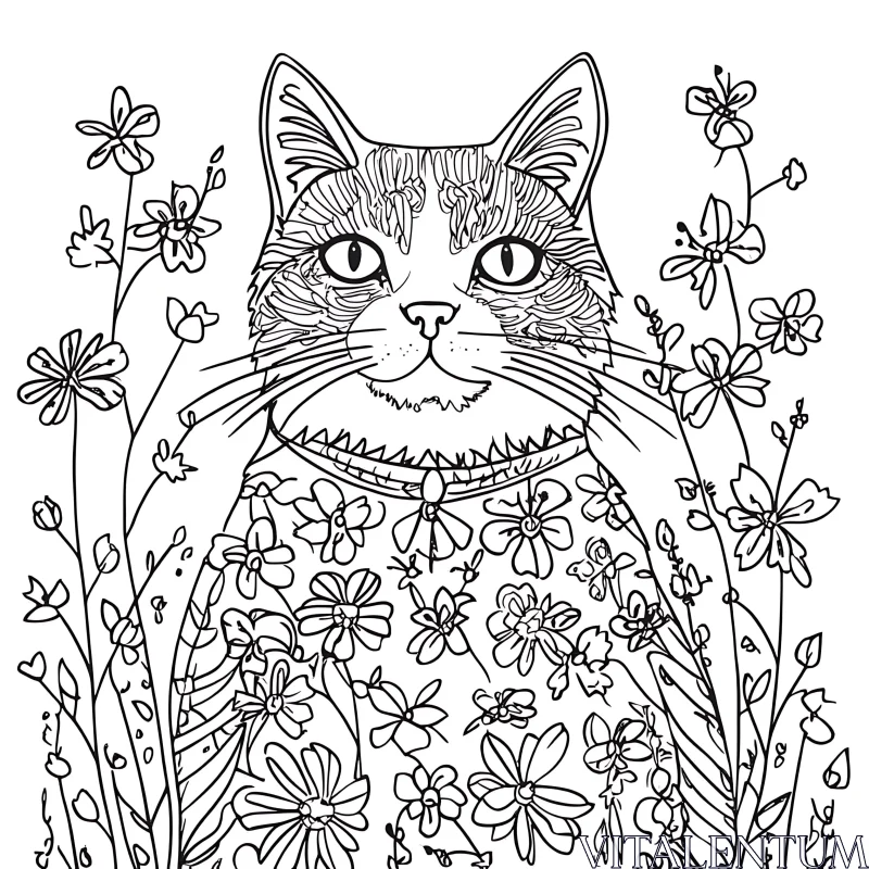 Floral Cat Line Art AI Image