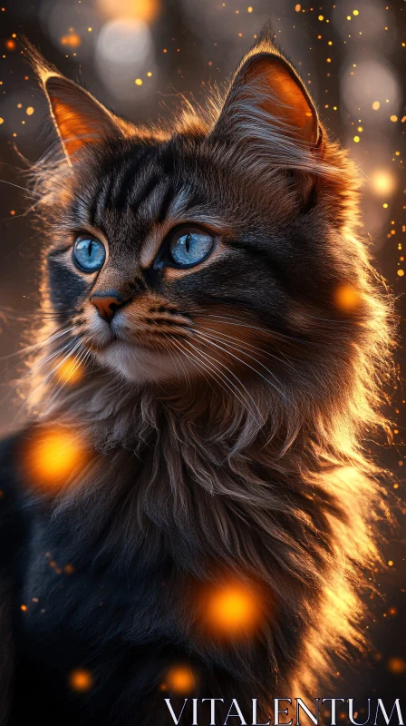 Beautiful Cat with Glowing Fur and Bokeh Lights AI Image