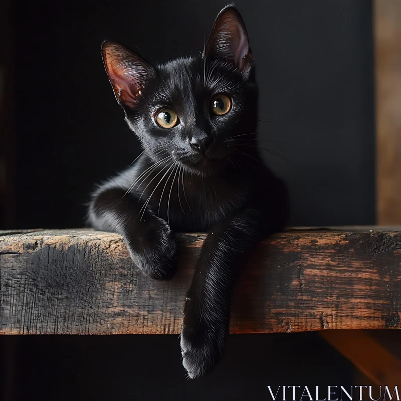 Curious Black Cat Posing on Rustic Wood AI Image