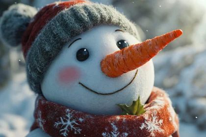 Smiling Snowman in Winter Scene