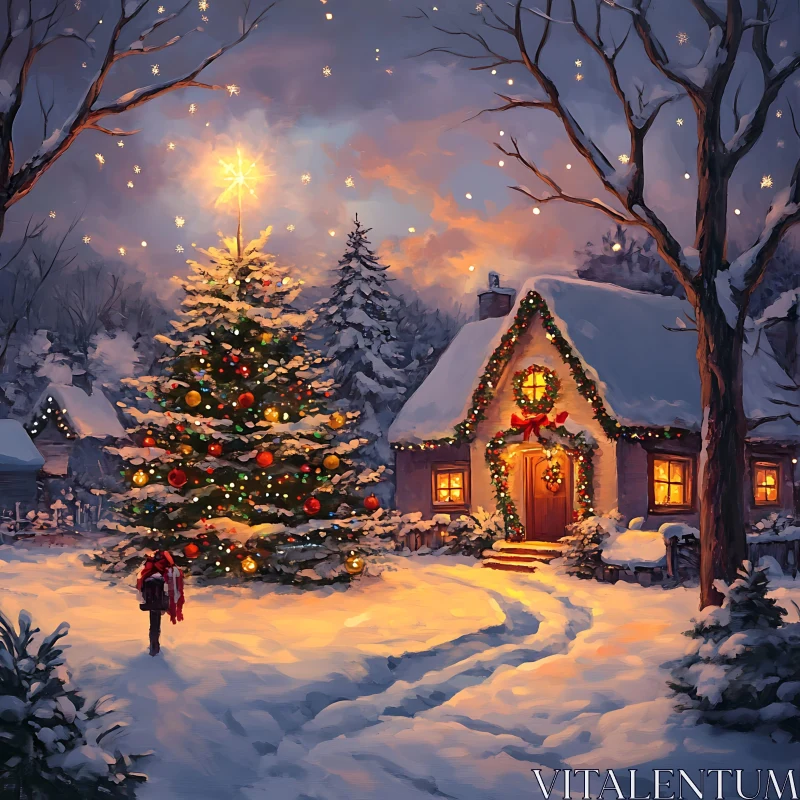 Festive Snowy Cabin and Illuminated Christmas Tree AI Image