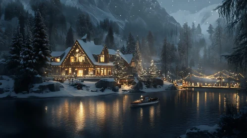 Winter Wonderland: Snowy Cabin and Lake