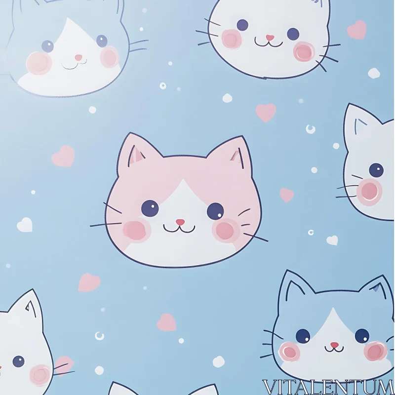 Cute Kawaii Cat Faces and Heart Pattern Illustration AI Image