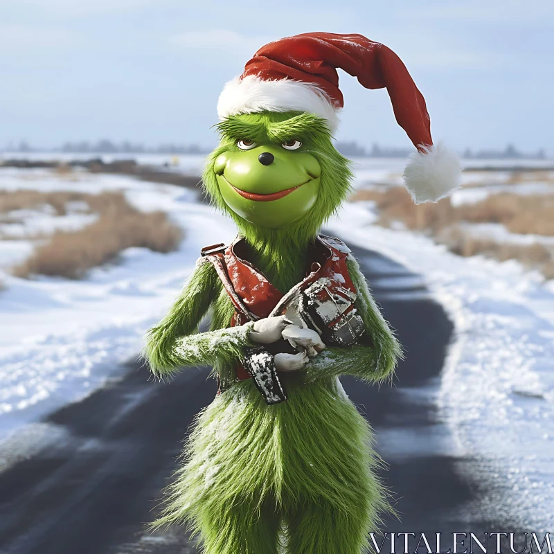 Cheerful Grinch Dressed for Christmas in Snowy Landscape AI Image