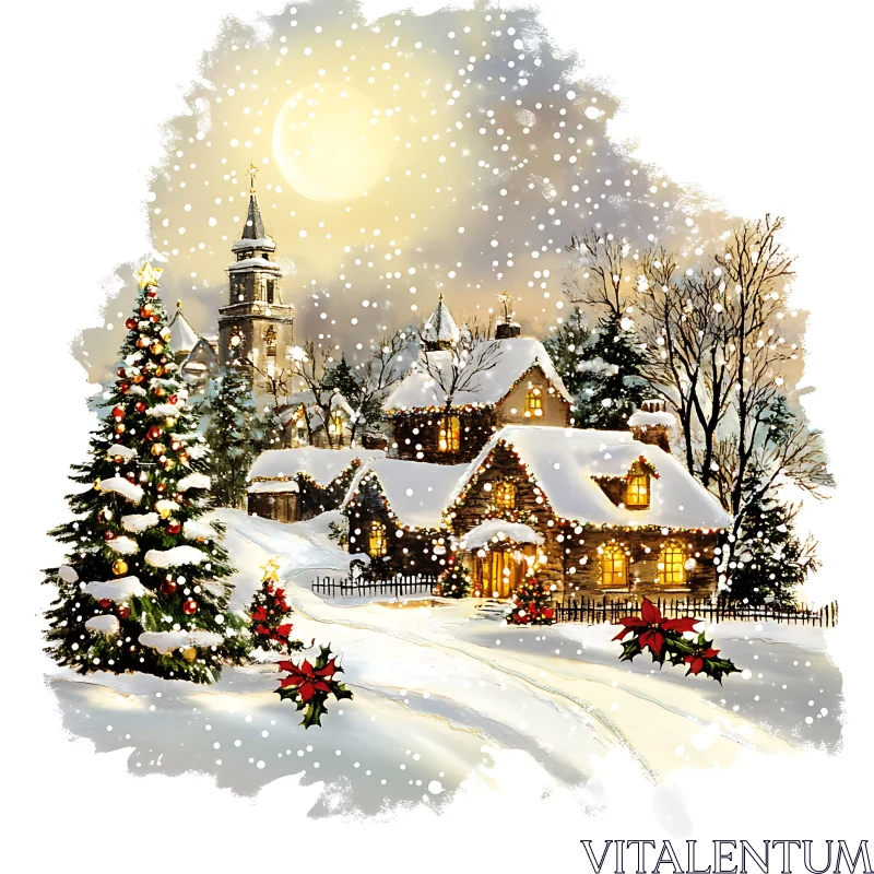 Snowy Christmas Village with Festive Lights AI Image