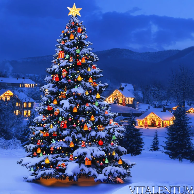 Festive Christmas Tree Amidst Snowy Cottages AI Image