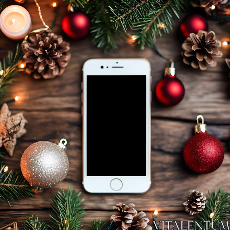 Christmas Decor and Smartphone on Wooden Table AI Image