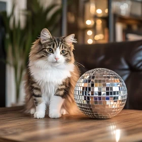 Fluffy Cat and Reflective Disco Ball Indoors