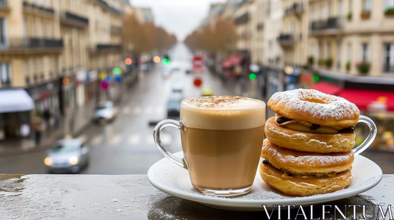A Cozy Parisian Scene: Coffee and Doughnuts in the Rain AI Image
