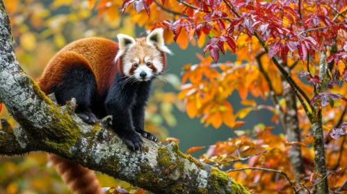 Captivating Portrait of a Red Panda on a Mossy Tree Branch
