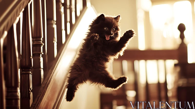 Black Kitten in Mid-Air Over Wooden Stairs AI Image