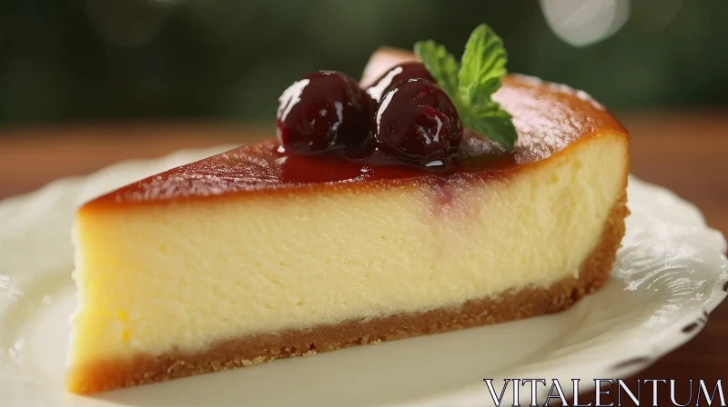 Delicious Cheesecake with Cherry Sauce on Wooden Table AI Image