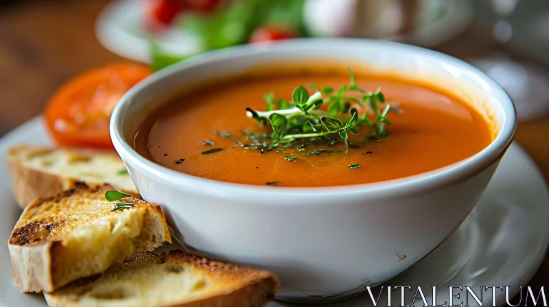 Delicious Tomato Soup with Fresh Herbs and Bread | Top-Down Perspective AI Image