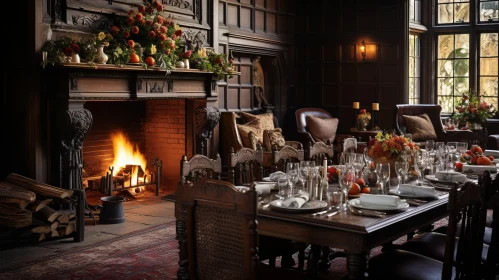 Extravagant Medieval-Inspired Wooden Fireplace in Dining Room