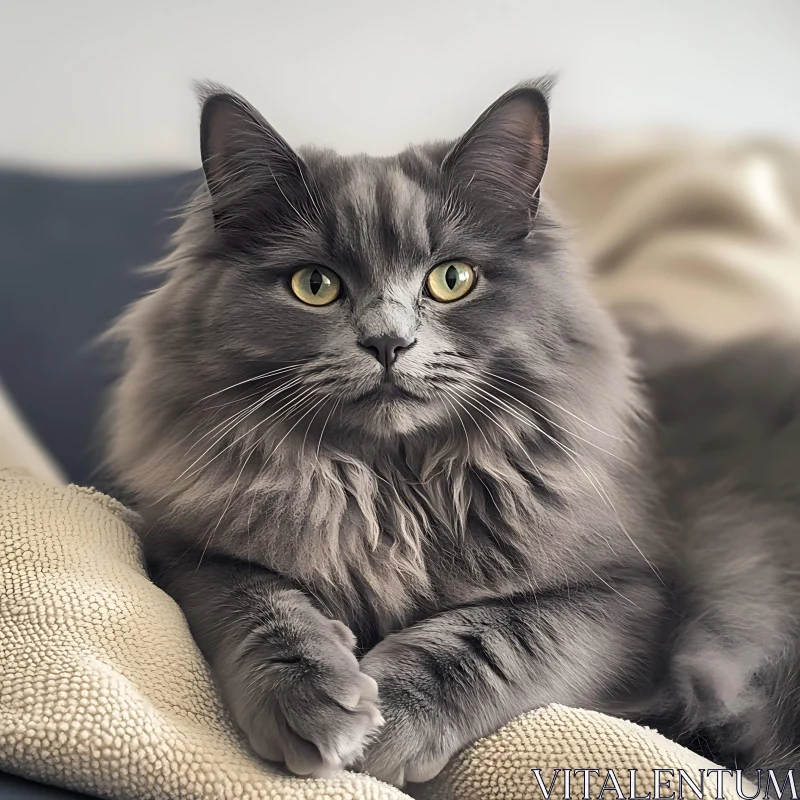 Gray Cat Lounging on a Blanket AI Image