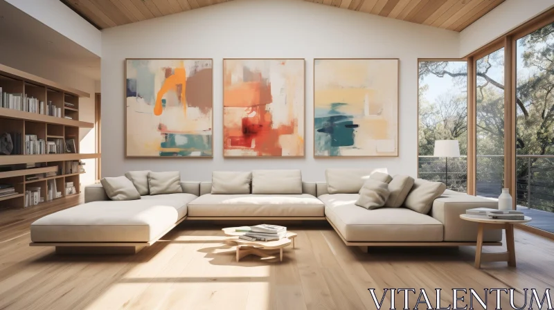 AI ART Modern Living Room with Abstract Paintings