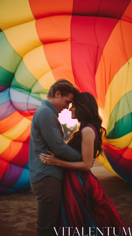 Romantic Couple in Colorful Hot Air Balloon - Soft-Focus Portrait AI Image