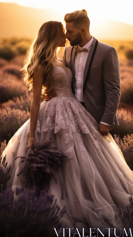 Romantic Sunset Kiss in Lavender Field - Bride and Groom Photography AI Image