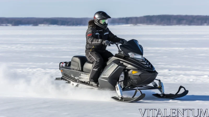 Snowmobile Rider Racing on Frozen Lake AI Image
