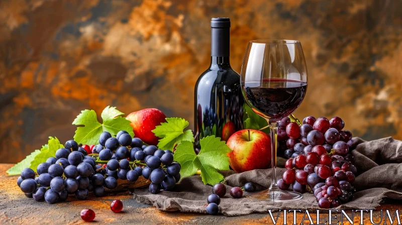 Still Life with Red Wine, Grapes, and Apples on a Wooden Table AI Image