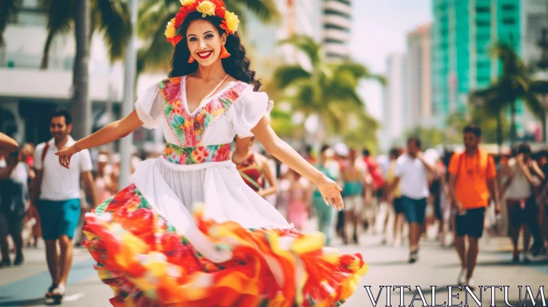Traditional Mexican Dress in a Vibrant Miami Crowd AI Image