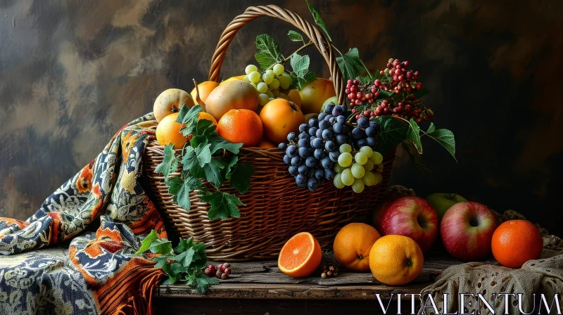 Vibrant Still Life of Fruit Basket on Wooden Table AI Image