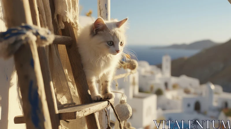 White Kitten on Wooden Ladder - Cityscape Background AI Image