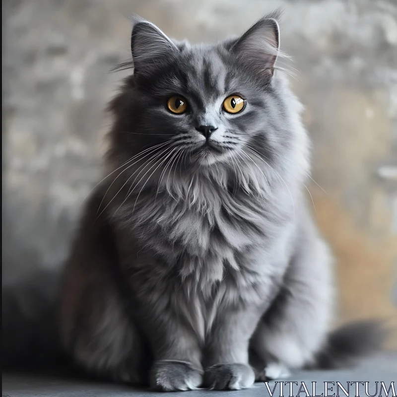 Gray Feline with Fluffy Fur and Amber Eyes AI Image