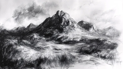 Monochrome Mountain Landscape Drawing