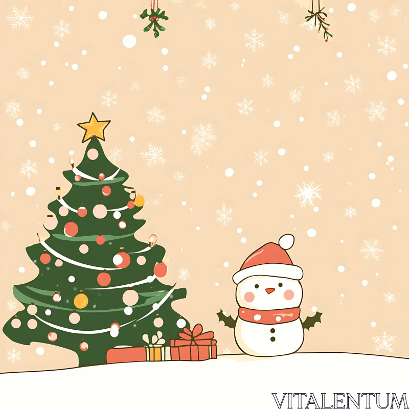 Festive Holiday Image of Christmas Tree and Snowman AI Image