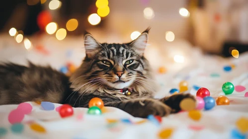 Comfortable Cat Amidst Vibrant Confetti and Cozy Lighting